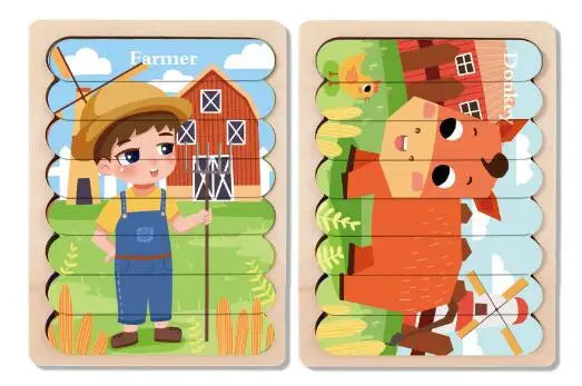 Double Sided Strip 3D Puzzles Baby Toy Wooden Montessori Materials Learning Education Toys For Kids Cartoon Puzzle Board Games