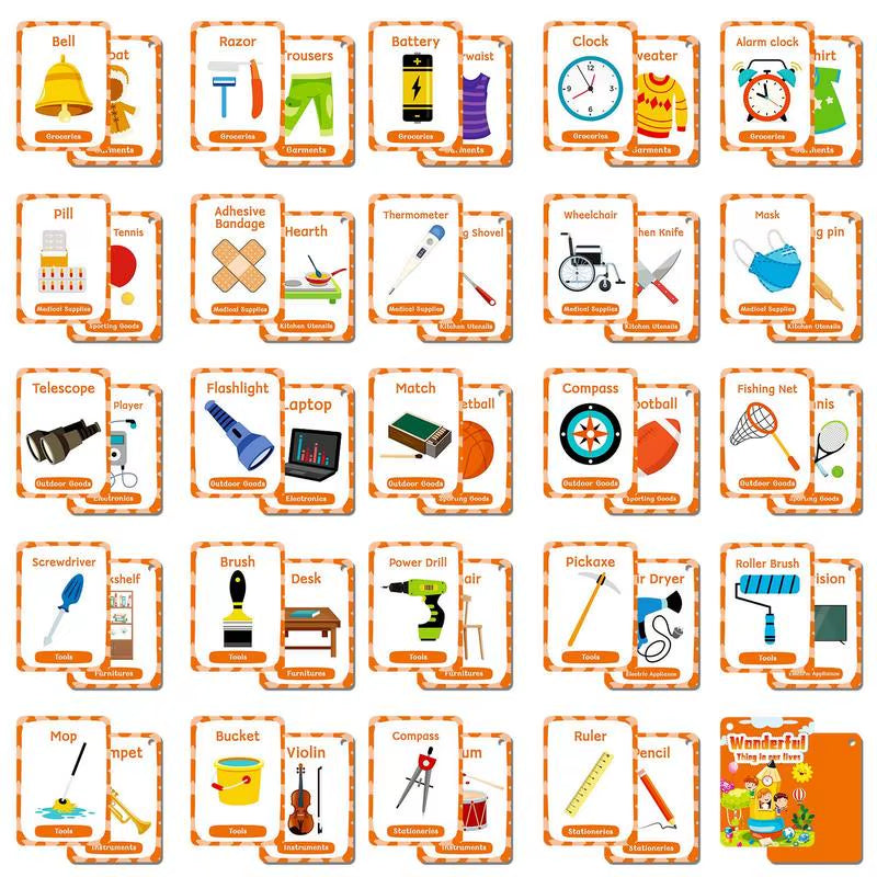 English Flash Cards for Kids 50X Double-Sided Word Cards Preschool Learning Educational Toys for Children Aged 3-6