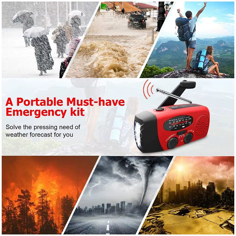 Multifunctional AM/FM/NOAA Portable Weather Radio Emergency Hand Crank Radio Power Bank Solar Charging with LED Flashlight