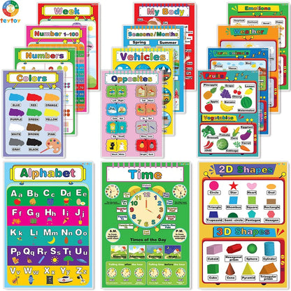15PCS Educational Posters for Preschoolers, Alphabet Posters 17 X 12 Inch, Preschool Learning Activities Classroom Decor for Toddler & Kids,Waterproof and Reusable Abc Alphabet Posters
