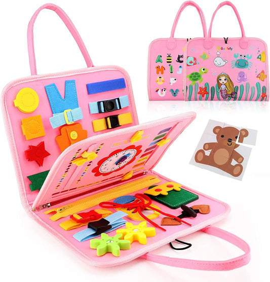 Montessori Toddler Busy Board Educational Activity for Basic Dress Motor Skills Baby Learning Toys for Travel