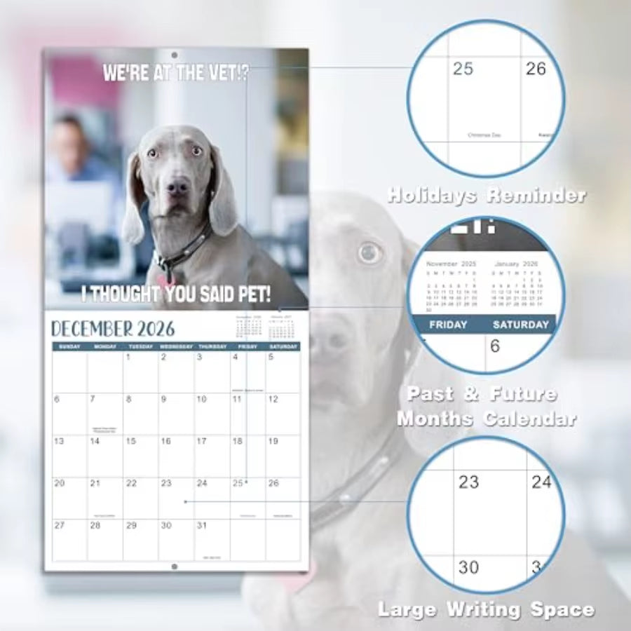 2026 Wall Calendar Funny Dogs Wall Calendar 2026 Jan. 2026 Dec. 2026 12" X 24" Open 12Month Calendar Dog Calendar Unruled Block