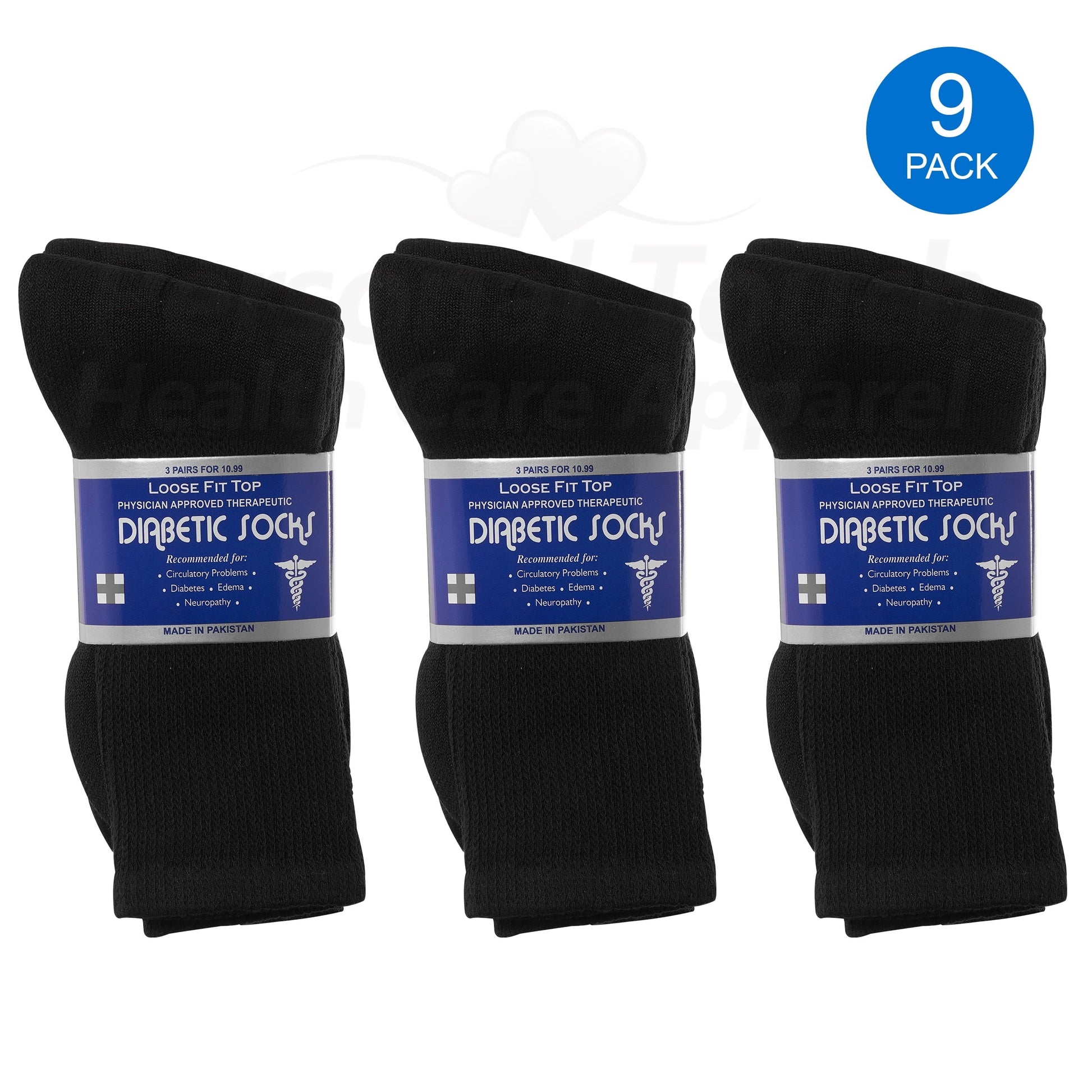 Diabetic Socks Men'S & Women Crew Style Physicians Approved Socks, 9 Pairs, (Black, 9-11)