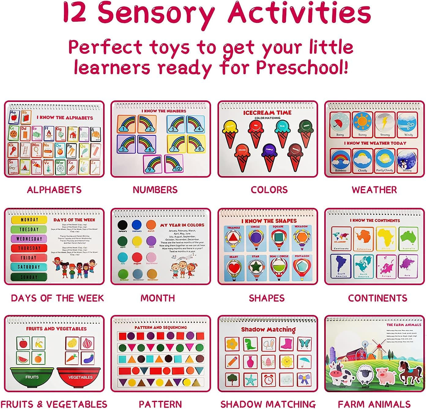 Busy Book for Toddlers - 12 Pages Autism Learning Materials, Montessori Educational Preschool Learning Book, Toddler Travel Toys for Boys Girls to Develop Fine Motor Skills