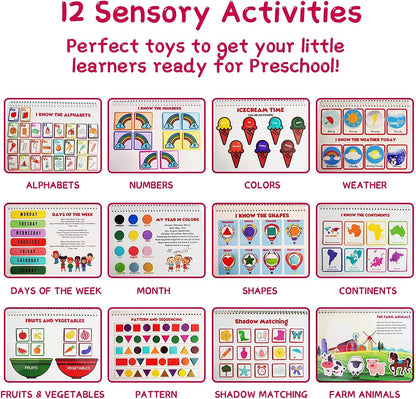 Busy Book for Toddlers - 12 Pages Autism Learning Materials, Montessori Educational Preschool Learning Book, Toddler Travel Toys for Boys Girls to Develop Fine Motor Skills