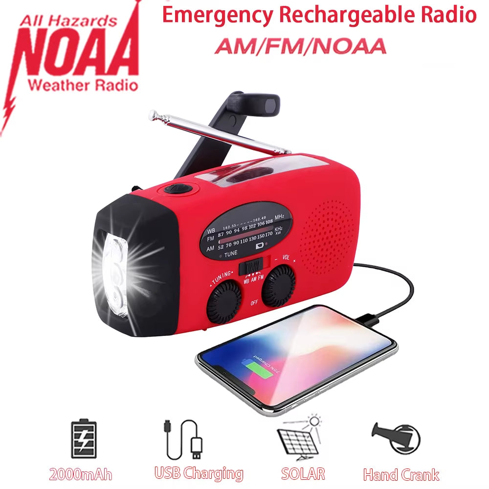 2000Mah High Capacity Rechargeable Radio Solar Rechargeable Emergency Light Outdoor Camping Flashlight Waterproof Portable Light