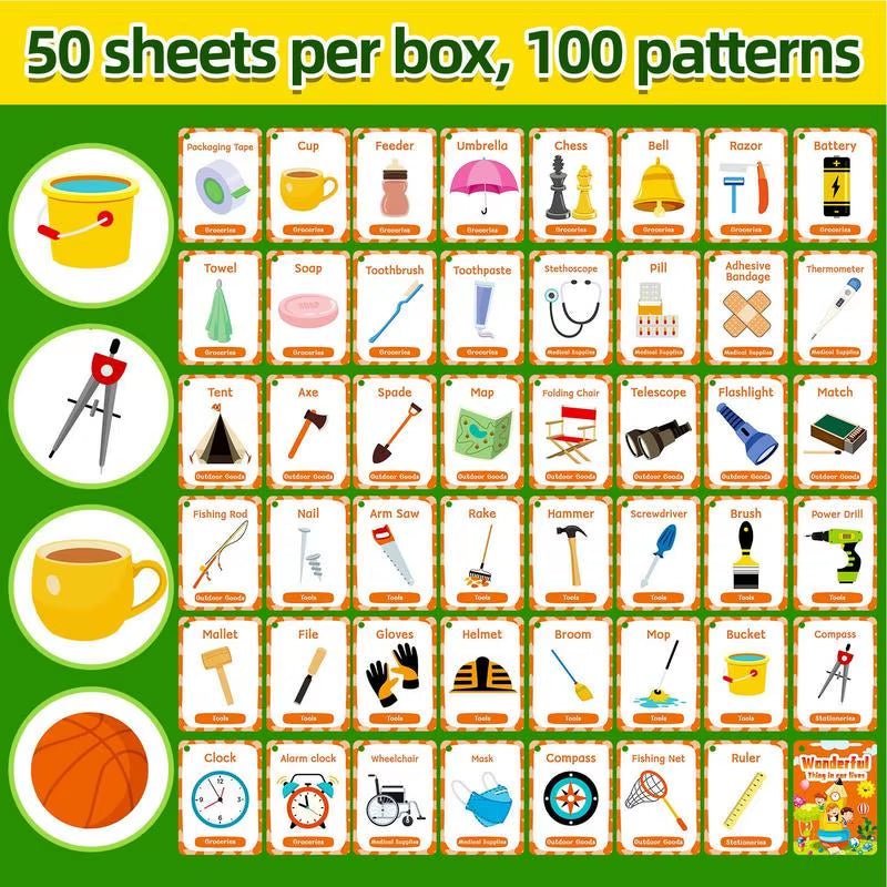 English Flash Cards for Kids 50X Double-Sided Word Cards Preschool Learning Educational Toys for Children Aged 3-6