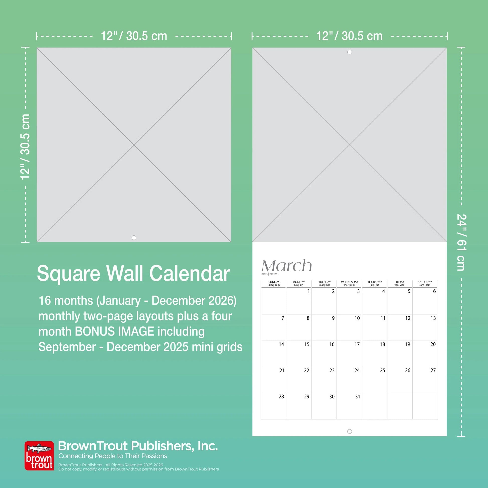 Blessings | 2026 12X24" (Hanging) Square Wall Calendar | Plastic-Free