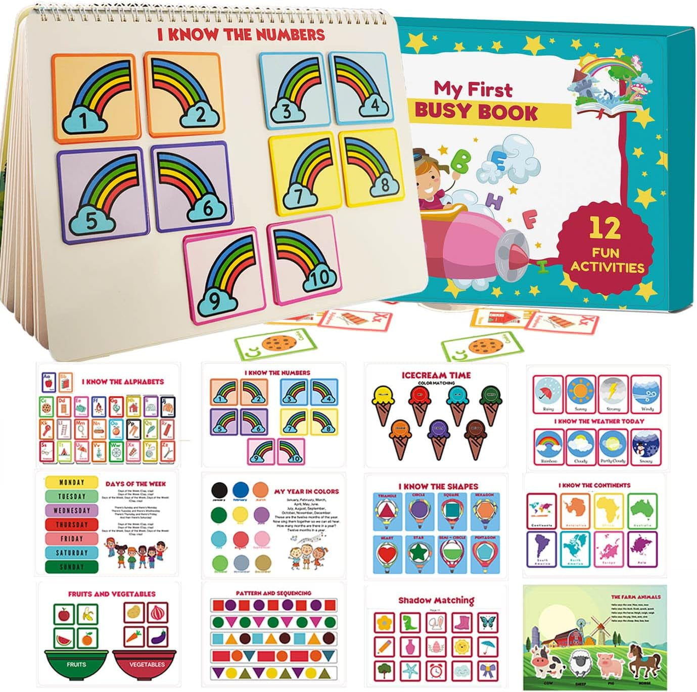 Busy Book for Toddlers - 12 Pages Autism Learning Materials, Montessori Educational Preschool Learning Book, Toddler Travel Toys for Boys Girls to Develop Fine Motor Skills