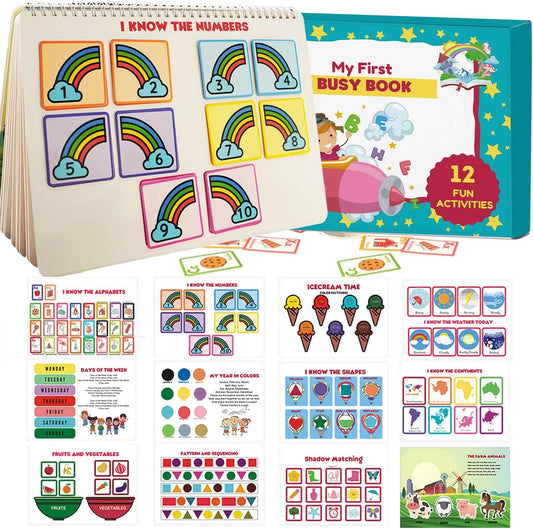 Busy Book for Toddlers - 12 Pages Autism Learning Materials, Montessori Educational Preschool Learning Book, Toddler Travel Toys for Boys Girls to Develop Fine Motor Skills