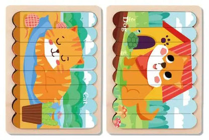 Double Sided Strip 3D Puzzles Baby Toy Wooden Montessori Materials Learning Education Toys For Kids Cartoon Puzzle Board Games