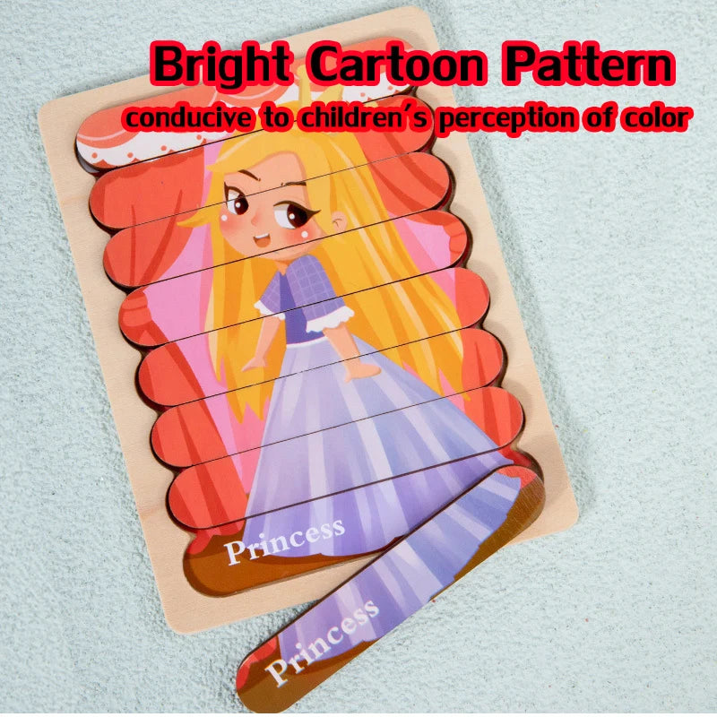 Double Sided Strip 3D Puzzles Baby Toy Wooden Montessori Materials Learning Education Toys For Kids Cartoon Puzzle Board Games