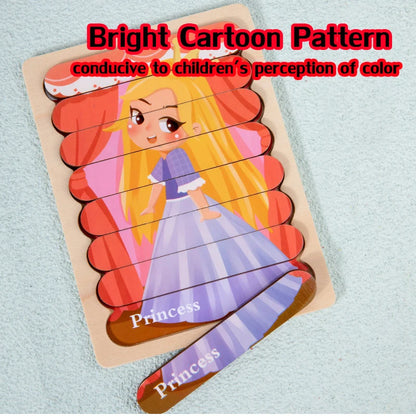 Double Sided Strip 3D Puzzles Baby Toy Wooden Montessori Materials Learning Education Toys For Kids Cartoon Puzzle Board Games