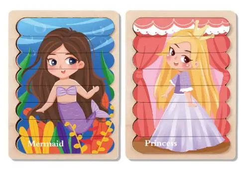 Double Sided Strip 3D Puzzles Baby Toy Wooden Montessori Materials Learning Education Toys For Kids Cartoon Puzzle Board Games