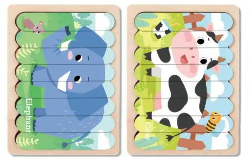 Double Sided Strip 3D Puzzles Baby Toy Wooden Montessori Materials Learning Education Toys For Kids Cartoon Puzzle Board Games