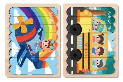 Double Sided Strip 3D Puzzles Baby Toy Wooden Montessori Materials Learning Education Toys For Kids Cartoon Puzzle Board Games