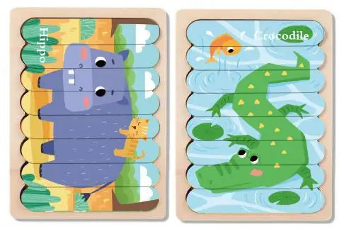 Double Sided Strip 3D Puzzles Baby Toy Wooden Montessori Materials Learning Education Toys For Kids Cartoon Puzzle Board Games
