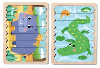 Double Sided Strip 3D Puzzles Baby Toy Wooden Montessori Materials Learning Education Toys For Kids Cartoon Puzzle Board Games