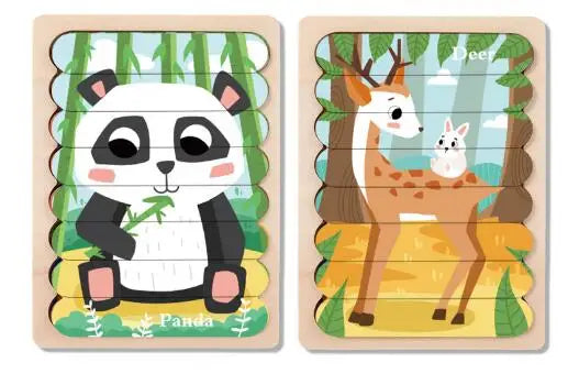 Double Sided Strip 3D Puzzles Baby Toy Wooden Montessori Materials Learning Education Toys For Kids Cartoon Puzzle Board Games