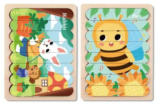 Double Sided Strip 3D Puzzles Baby Toy Wooden Montessori Materials Learning Education Toys For Kids Cartoon Puzzle Board Games