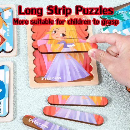 Double Sided Strip 3D Puzzles Baby Toy Wooden Montessori Materials Learning Education Toys For Kids Cartoon Puzzle Board Games