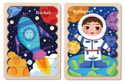 Double Sided Strip 3D Puzzles Baby Toy Wooden Montessori Materials Learning Education Toys For Kids Cartoon Puzzle Board Games
