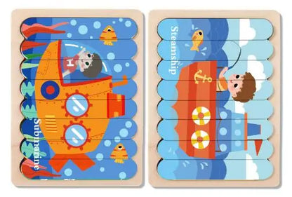 Double Sided Strip 3D Puzzles Baby Toy Wooden Montessori Materials Learning Education Toys For Kids Cartoon Puzzle Board Games