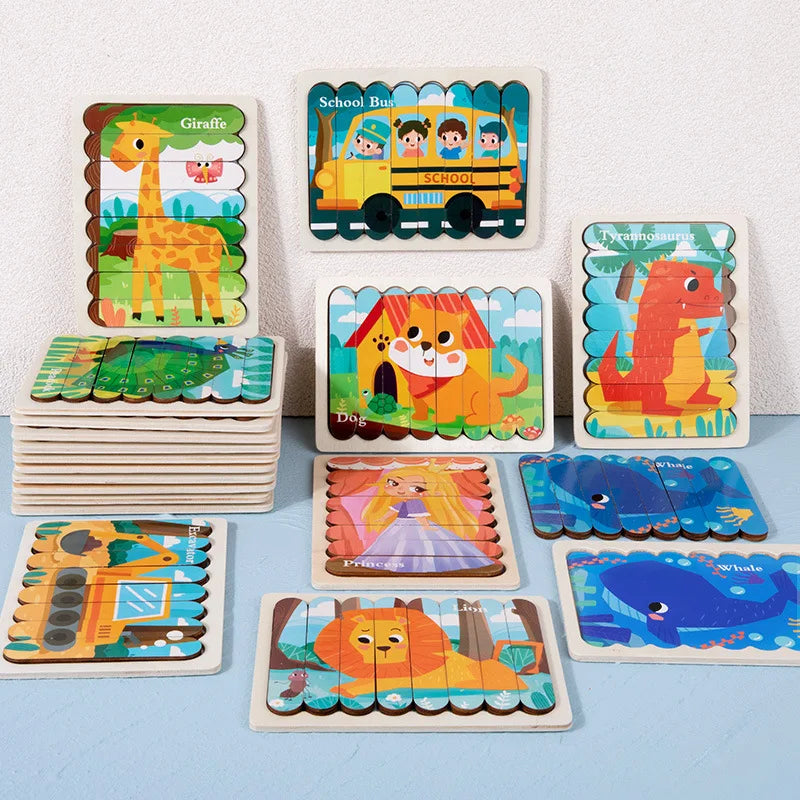 Double Sided Strip 3D Puzzles Baby Toy Wooden Montessori Materials Learning Education Toys For Kids Cartoon Puzzle Board Games