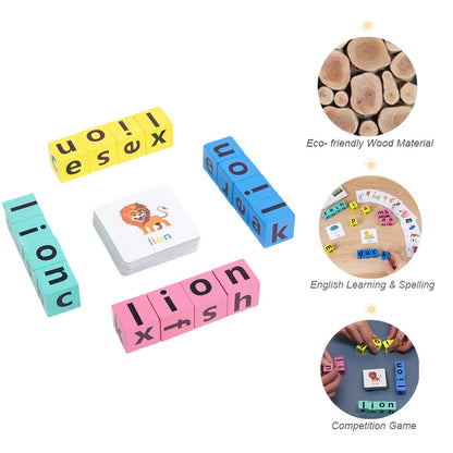 English Learning: Letter Spelling Block Flash Cards Puzzle Game for Baby & Kids, Montessori Wood Toy
