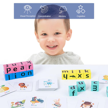 English Learning: Letter Spelling Block Flash Cards Puzzle Game for Baby & Kids, Montessori Wood Toy