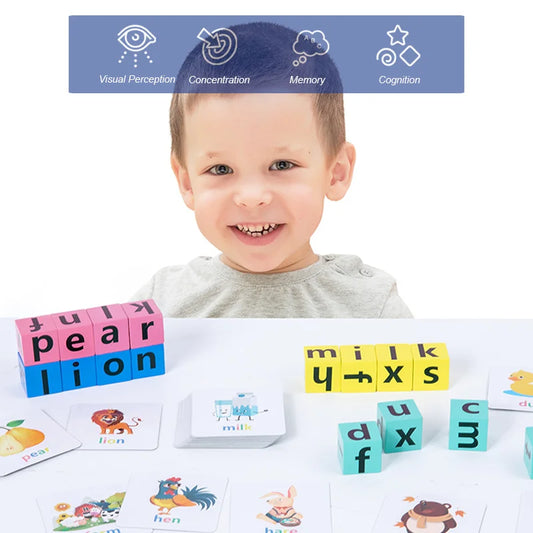 English Learning: Letter Spelling Block Flash Cards Puzzle Game for Baby & Kids, Montessori Wood Toy