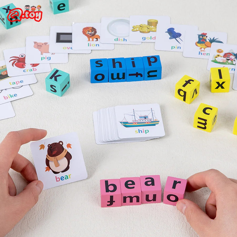 English Learning: Letter Spelling Block Flash Cards Puzzle Game for Baby & Kids, Montessori Wood Toy