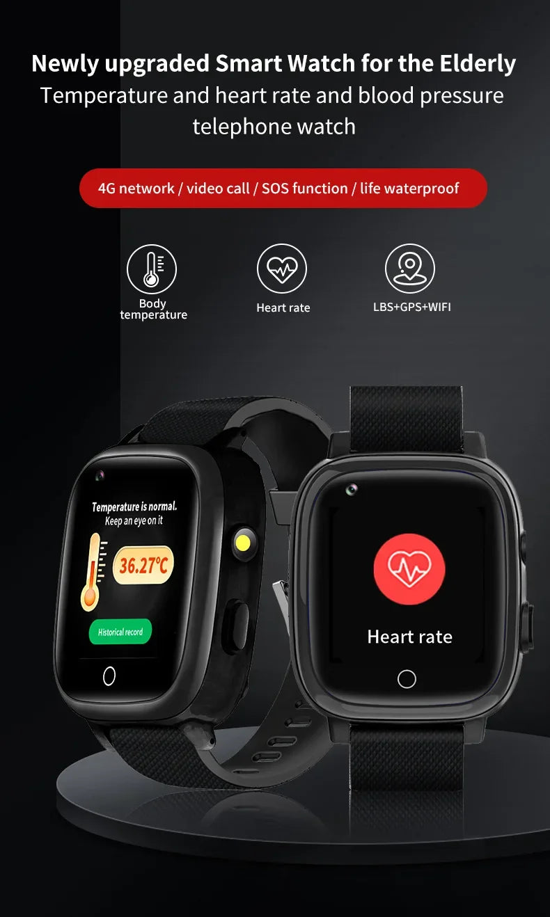 SOS Video Call Old People Locator Fall Alert Tracker Elderly Smart Watch GPS Positioning Fall Detection 4G Sim Card