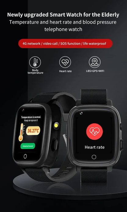 SOS Video Call Old People Locator Fall Alert Tracker Elderly Smart Watch GPS Positioning Fall Detection 4G Sim Card