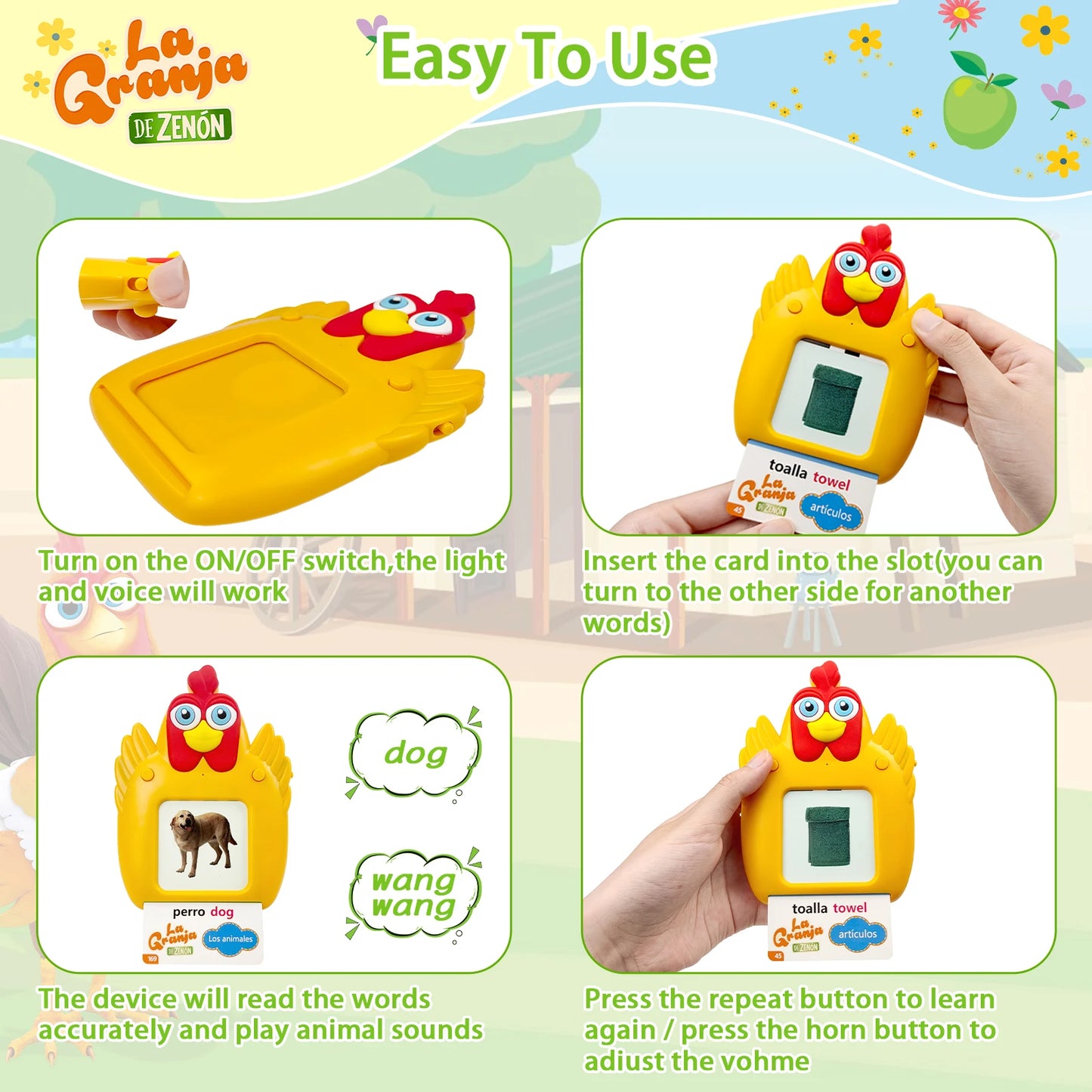 Alphabet, Read & write English: La Granja De Zenon Bartolito Talking English & Spanish Flash Cards Speech Therapy Toys for Toddlers 224 Sight Words Autism Toys