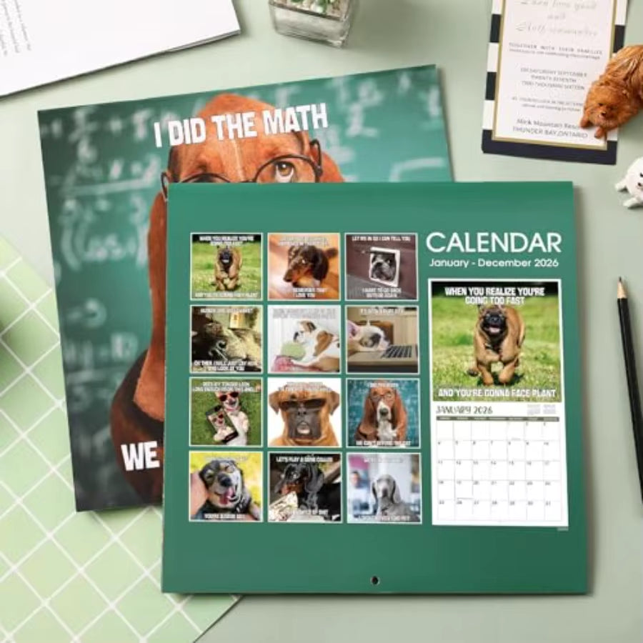 2026 Wall Calendar Funny Dogs Wall Calendar 2026 Jan. 2026 Dec. 2026 12" X 24" Open 12Month Calendar Dog Calendar Unruled Block