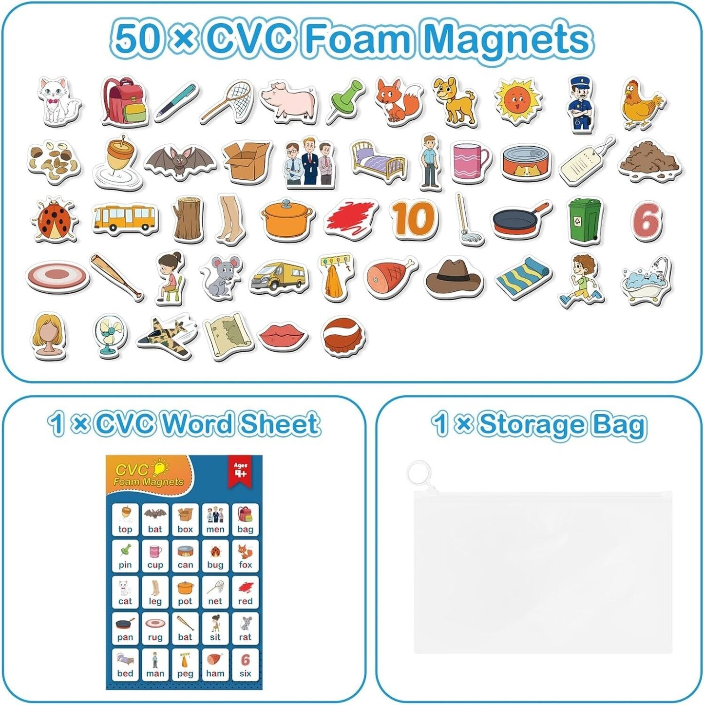 CVC Word Games,50 Magnetic Foam Objects,Fridge Magnets for Kids,Speech Therapy T