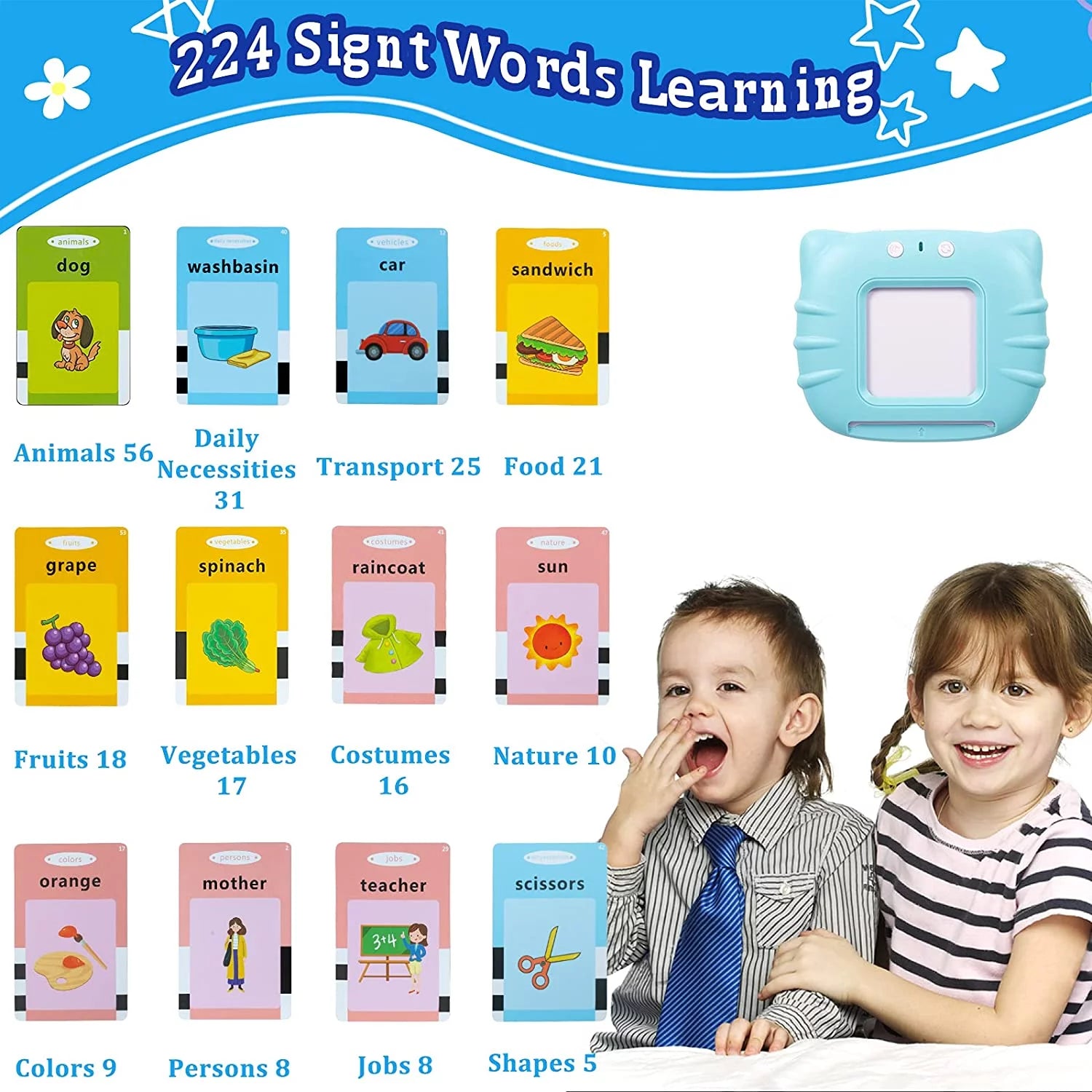 Talking Flash Cards Learning Toys for -6 Year Old Boys Girls, Speech Therapy Toys Autism Toys Preschool Educational Toys Games 224 Sight Words with Sound Effect Kids Birthday Gifts