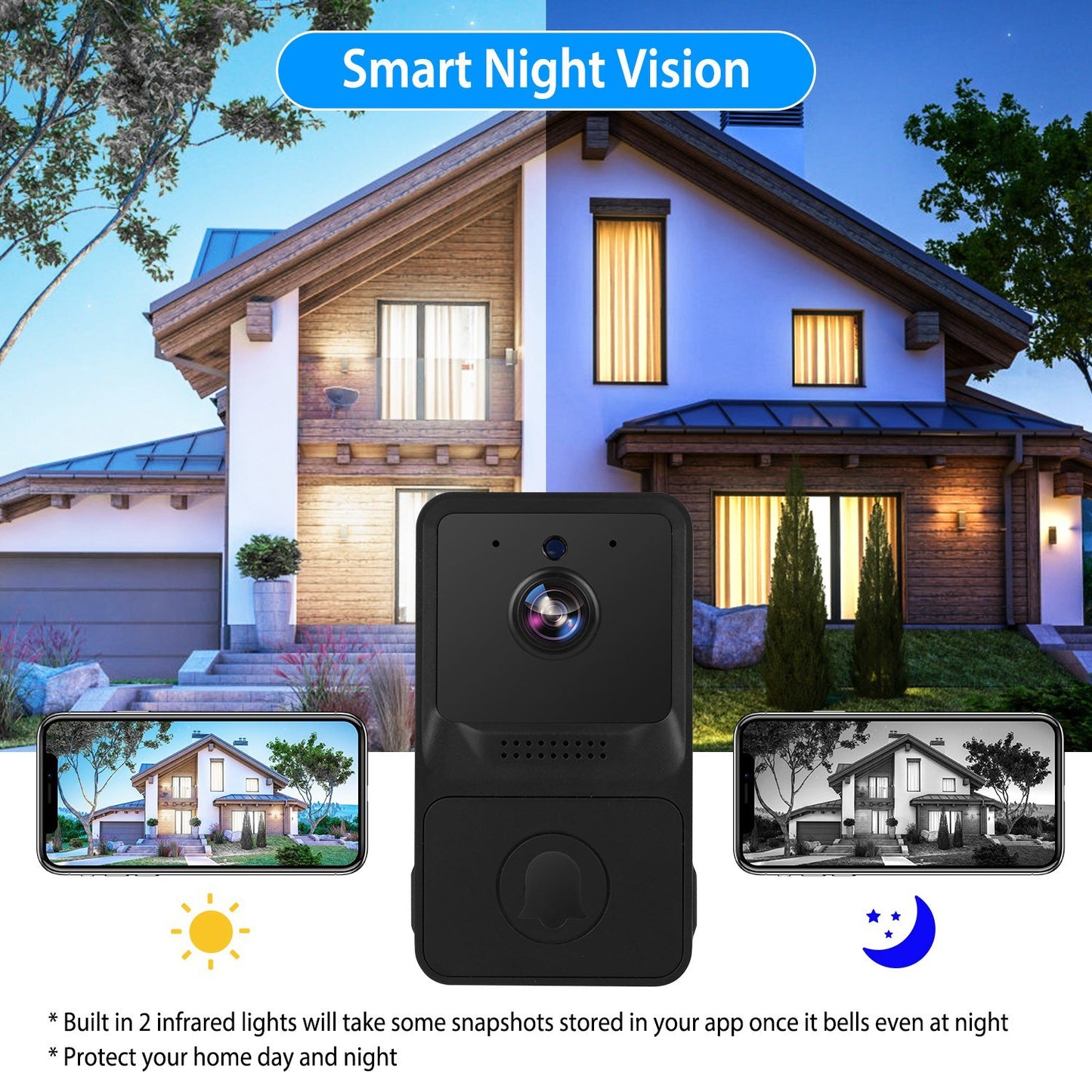 Smart & Wireless Doorbell Security with Night Vision (2 Way Intercom)