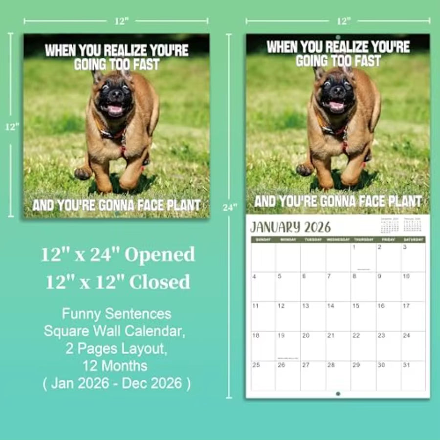 2026 Wall Calendar Funny Dogs Wall Calendar 2026 Jan. 2026 Dec. 2026 12" X 24" Open 12Month Calendar Dog Calendar Unruled Block