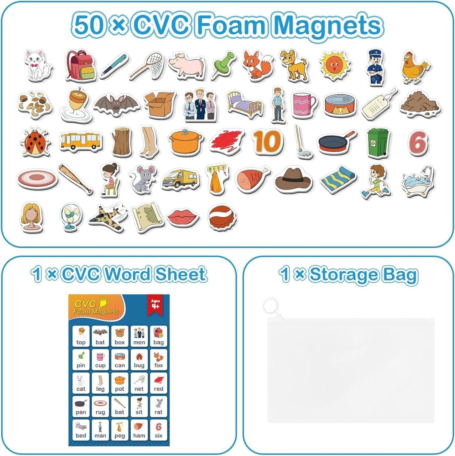 CVC Word Games,50 Magnetic Foam Objects,Fridge Magnets for Kids,Speech Therapy T