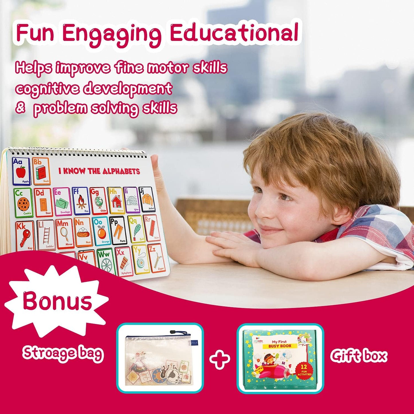 Busy Book for Toddlers - 12 Pages Autism Learning Materials, Montessori Educational Preschool Learning Book, Toddler Travel Toys for Boys Girls to Develop Fine Motor Skills