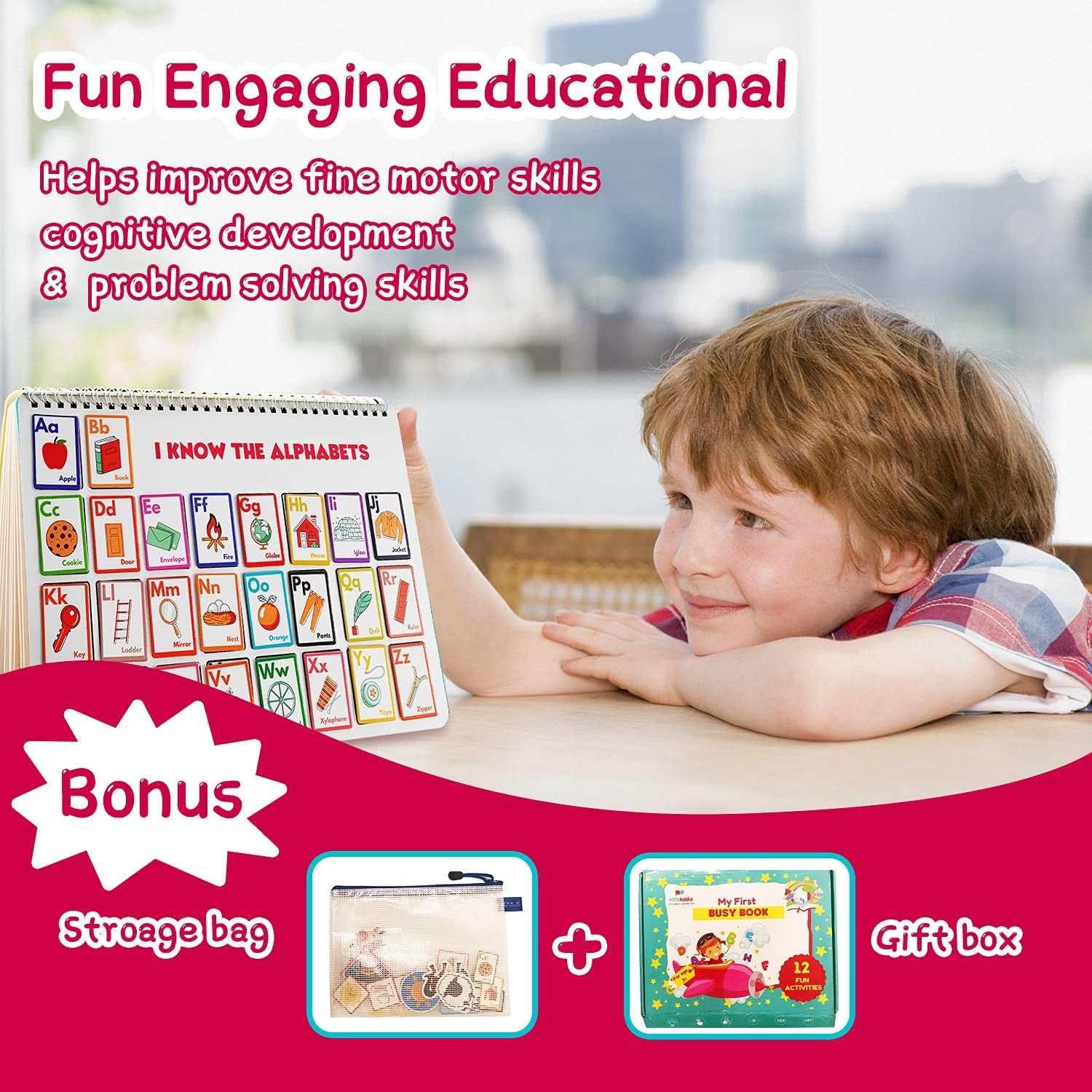Busy Book for Toddlers - 12 Pages Autism Learning Materials, Montessori Educational Preschool Learning Book, Toddler Travel Toys for Boys Girls to Develop Fine Motor Skills